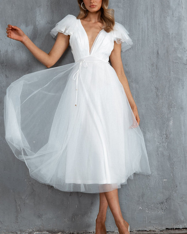 White Faith Frill Shoulder Tulle Midi Dress