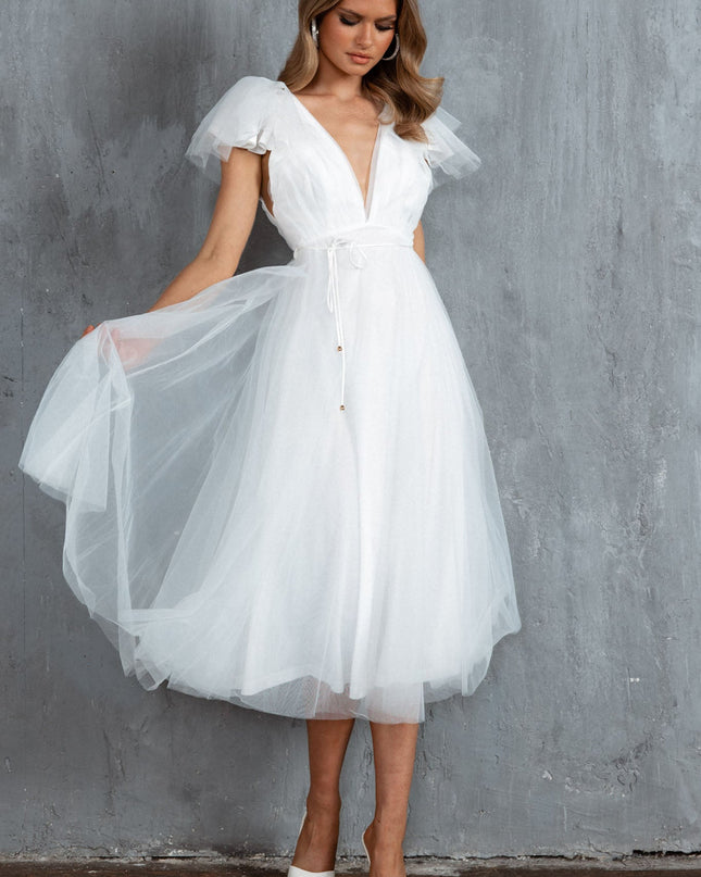 White Faith Frill Shoulder Tulle Midi Dress