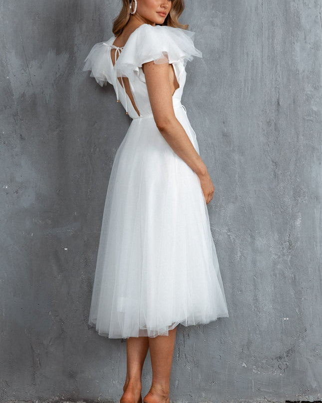 White Faith Frill Shoulder Tulle Midi Dress