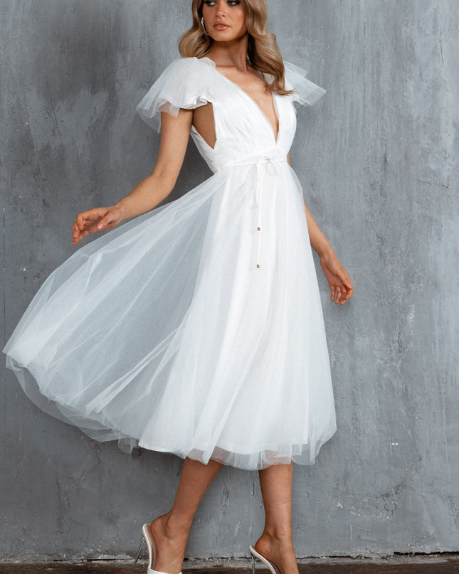 White Faith Frill Shoulder Tulle Midi Dress