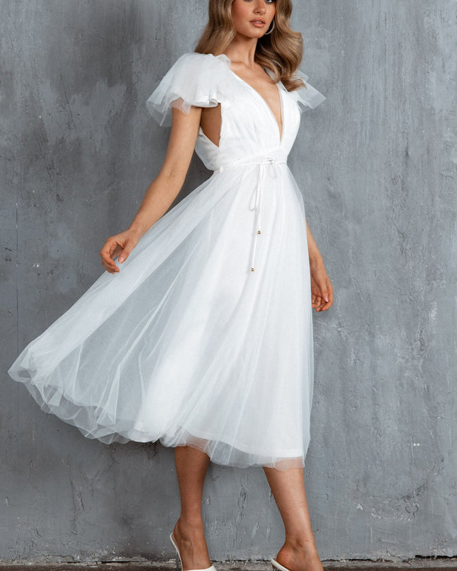 White Faith Frill Shoulder Tulle Midi Dress