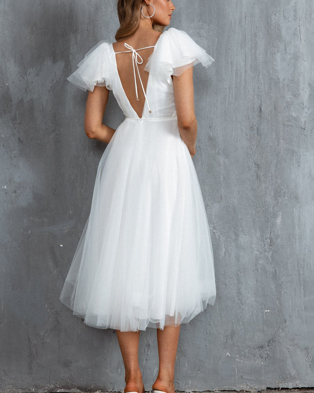 White Faith Frill Shoulder Tulle Midi Dress