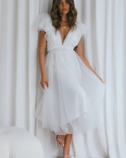 White Faith Frill Shoulder Tulle Midi Dress