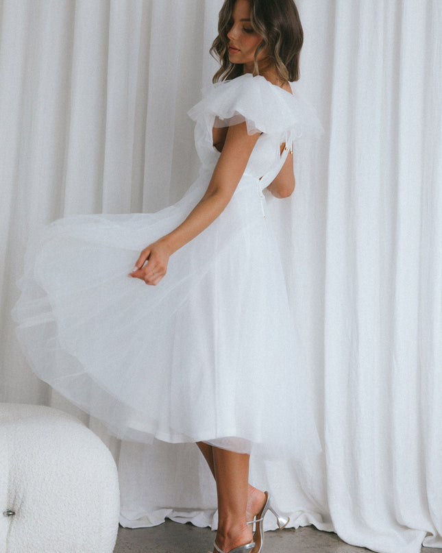 White Faith Frill Shoulder Tulle Midi Dress