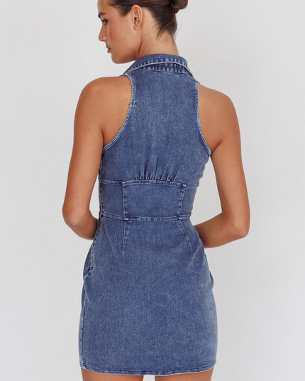Dark Denim Beach Faux Button Collared Dress
