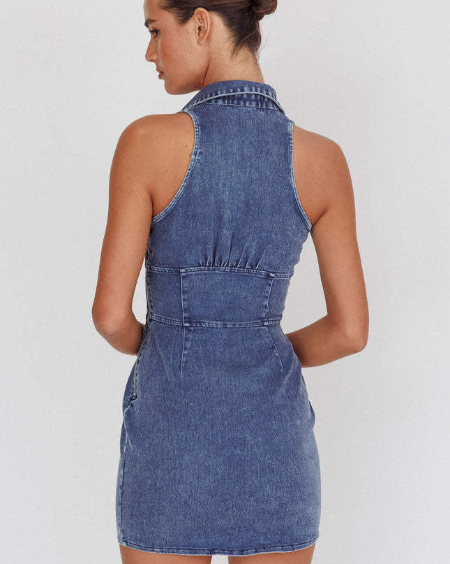 Dark Denim Beach Faux Button Collared Dress