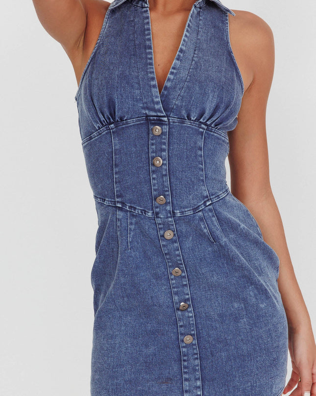 Dark Denim Beach Faux Button Collared Dress