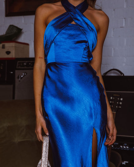 Blue Halterneck Satin Midi Dress Cobalt
