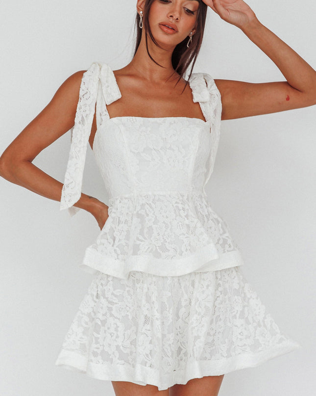 White Tied Shoulder Tiered Lace Mini Dress
