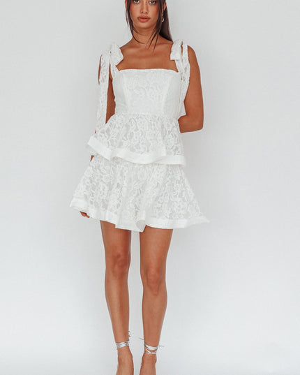 White Tied Shoulder Tiered Lace Mini Dress