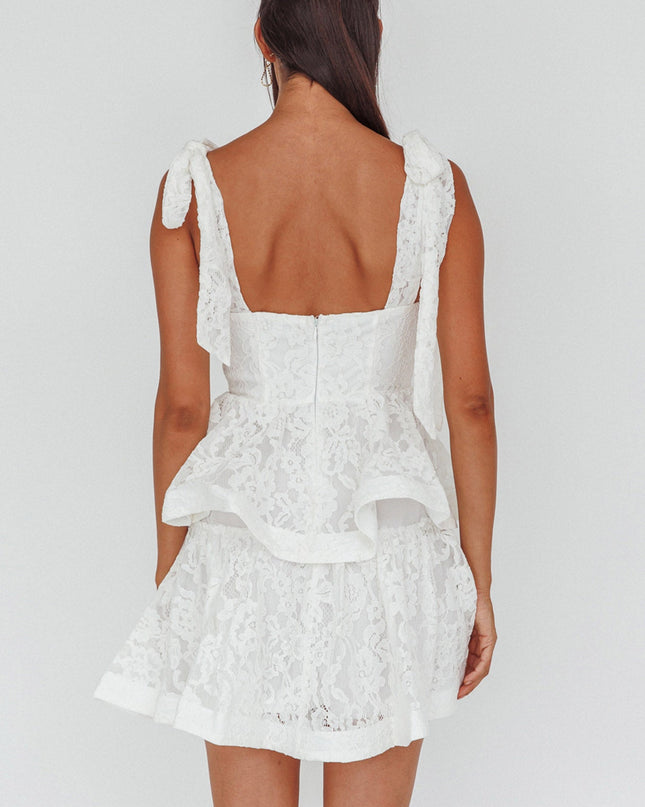 White Tied Shoulder Tiered Lace Mini Dress