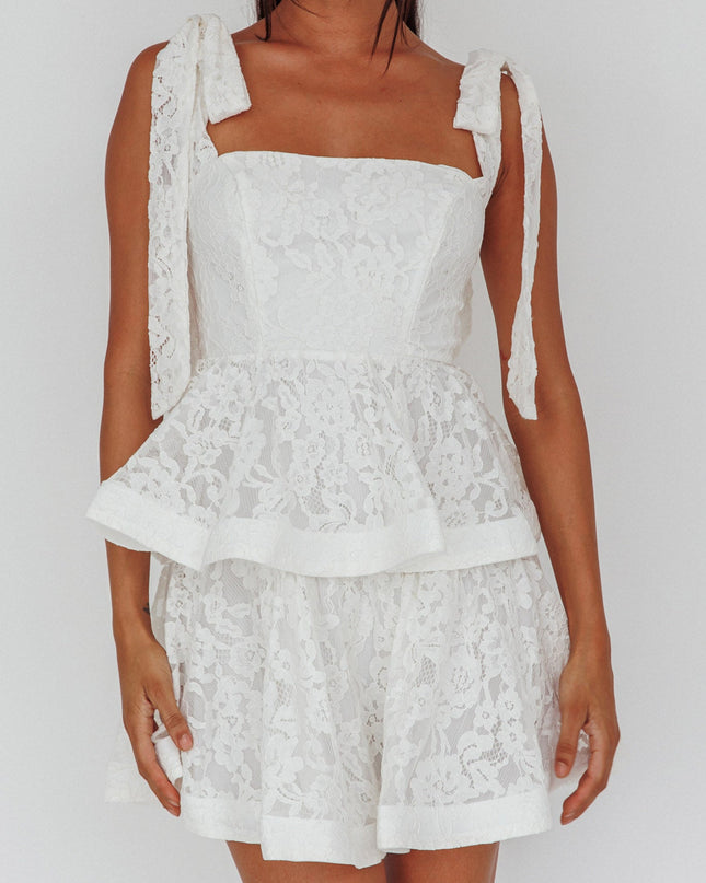White Tied Shoulder Tiered Lace Mini Dress