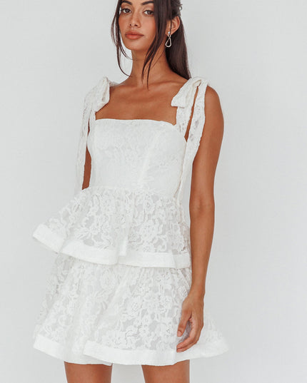 White Tied Shoulder Tiered Lace Mini Dress