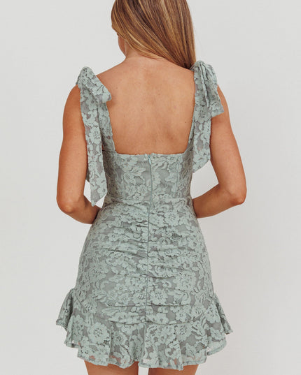 Sage Tied Shoulder Lace Mini Dress