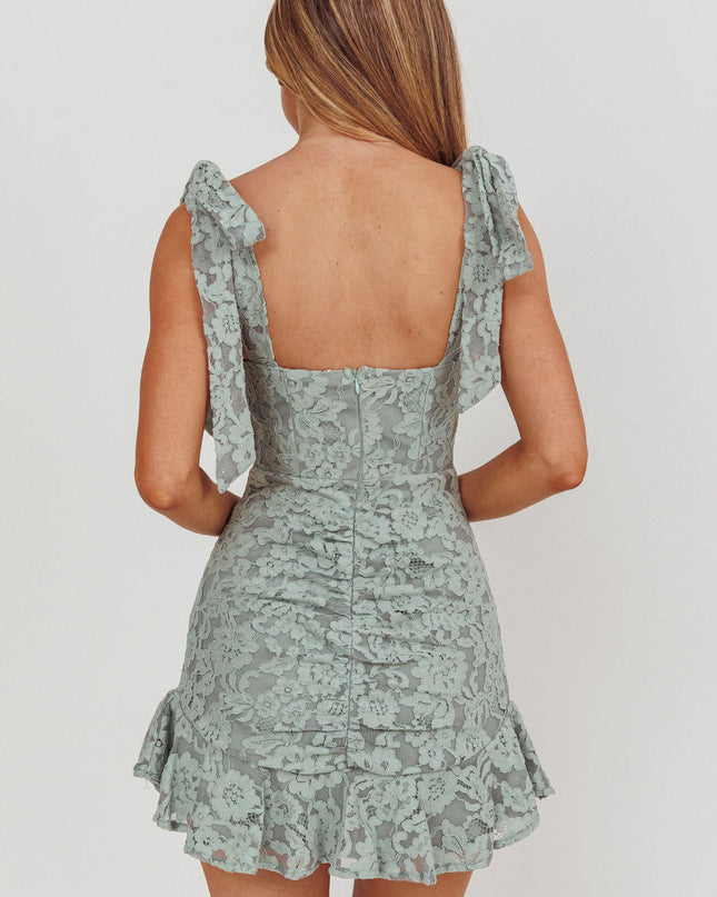 Sage Tied Shoulder Lace Mini Dress