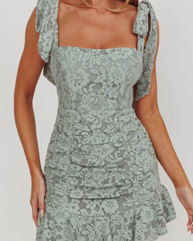 Sage Tied Shoulder Lace Mini Dress