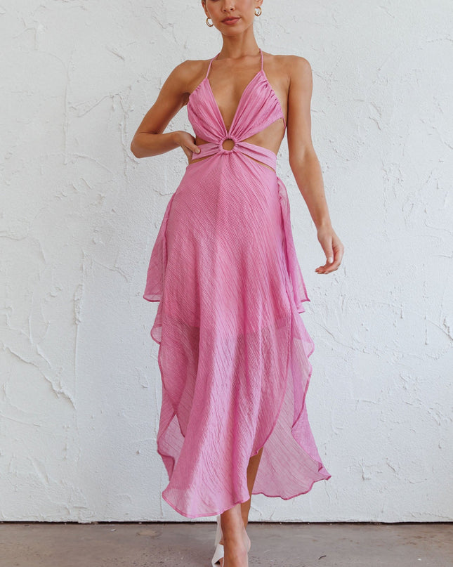 Pink Cut-Out Halterneck Midi Dress