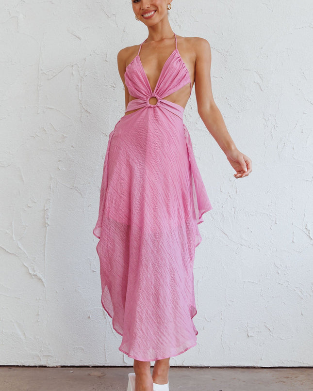 Pink Cut-Out Halterneck Midi Dress