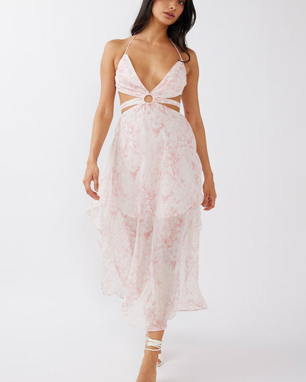Blush Cut-Out Halterneck Midi Dress Print