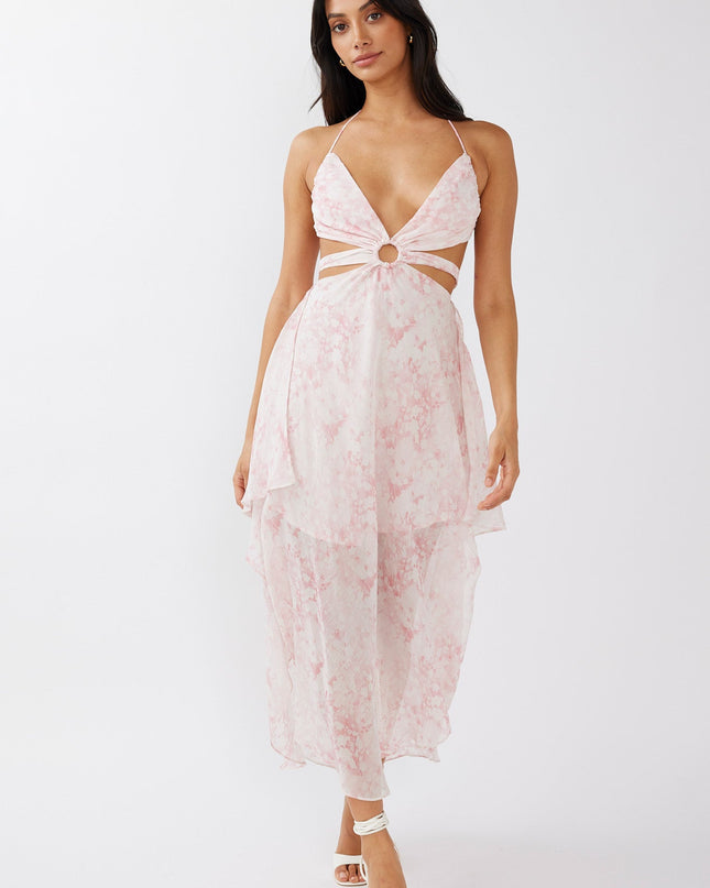 Blush Cut-Out Halterneck Midi Dress Print
