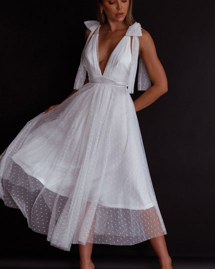 White Tied Shoulder Mesh Midi Dress