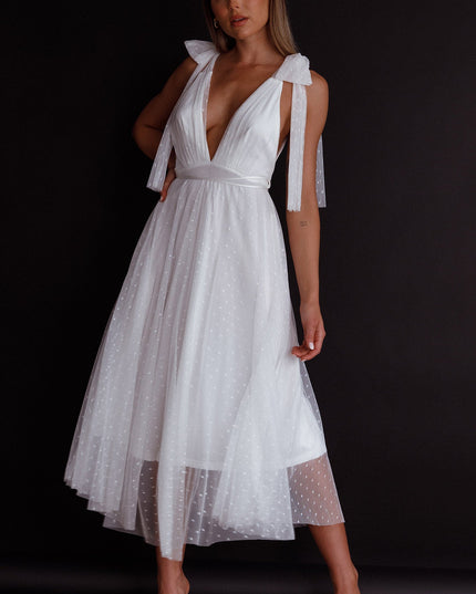 White Tied Shoulder Mesh Midi Dress
