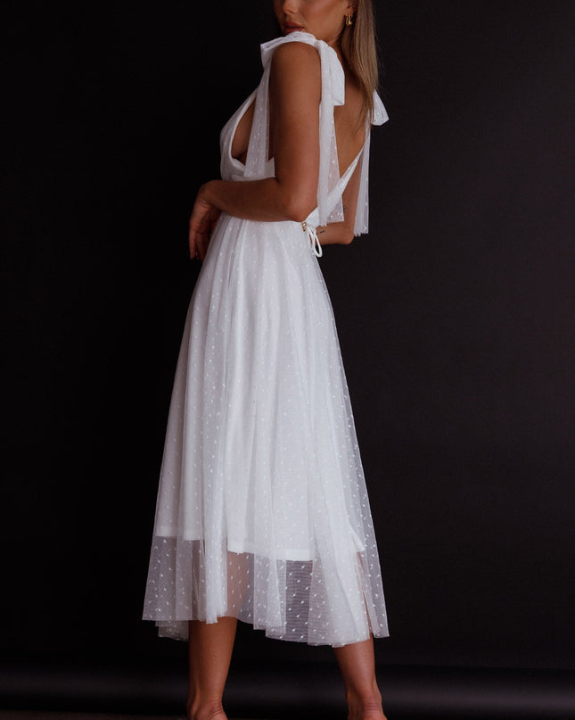 White Tied Shoulder Mesh Midi Dress