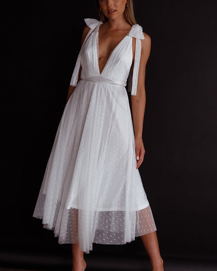 White Tied Shoulder Mesh Midi Dress