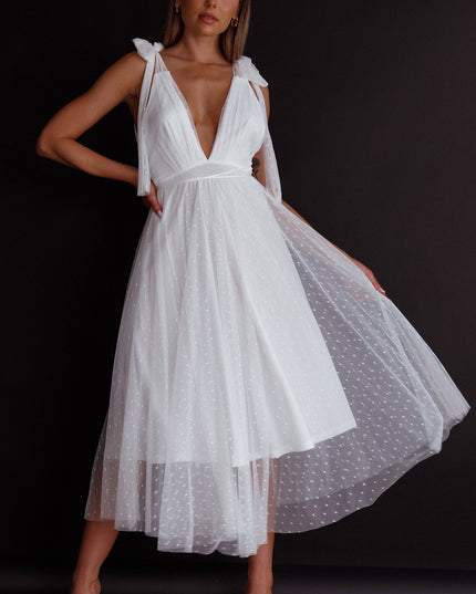White Tied Shoulder Mesh Midi Dress