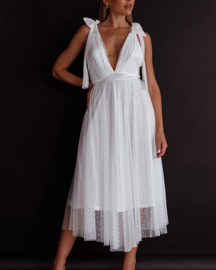 White Tied Shoulder Mesh Midi Dress