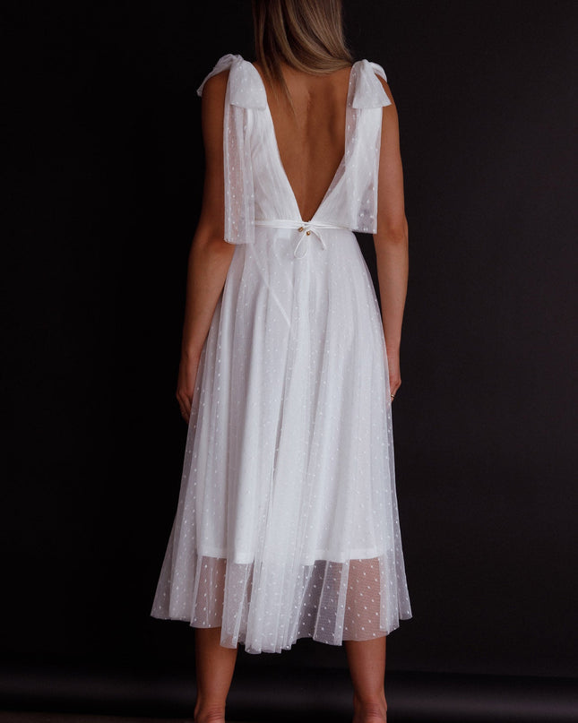 White Tied Shoulder Mesh Midi Dress