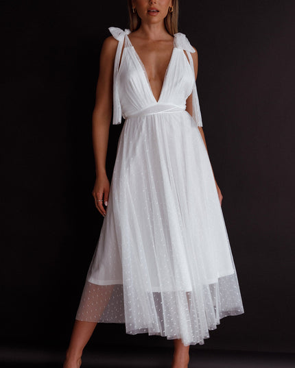 White Tied Shoulder Mesh Midi Dress