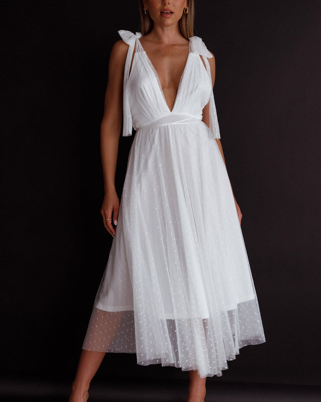 White Tied Shoulder Mesh Midi Dress
