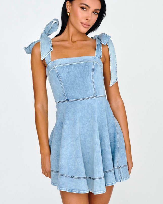 Denim Bow Shoulder Mini Dress