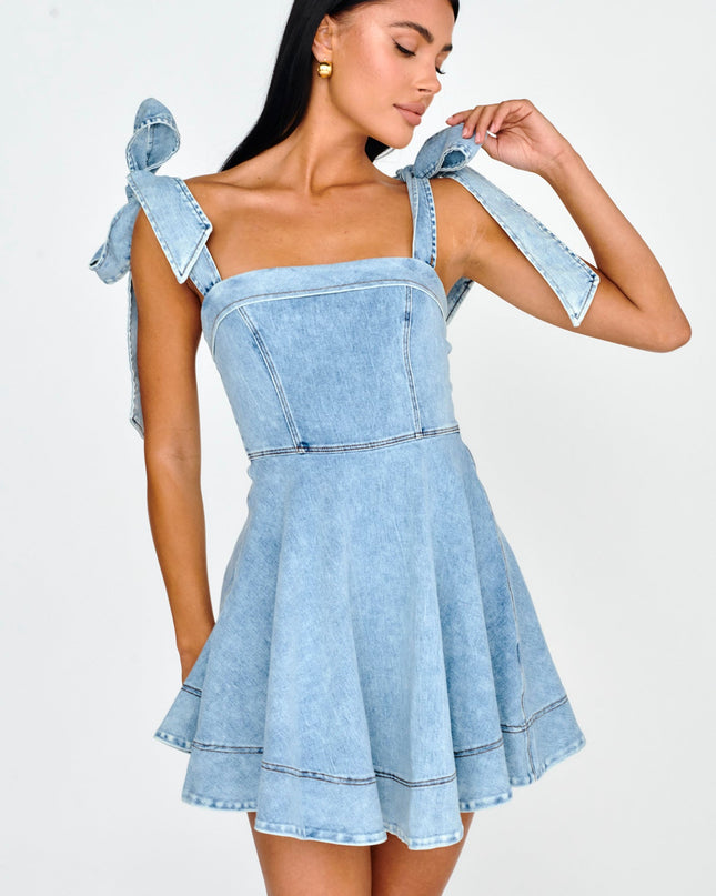 Denim Bow Shoulder Mini Dress