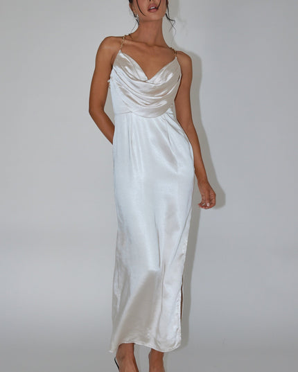 Champagne Chain Strap Satin Midi Dress