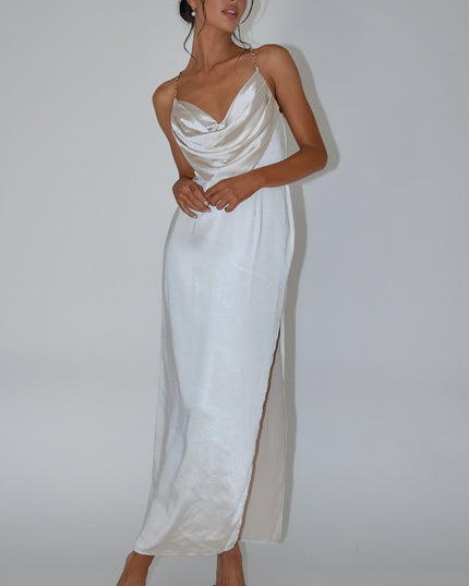 Champagne Chain Strap Satin Midi Dress