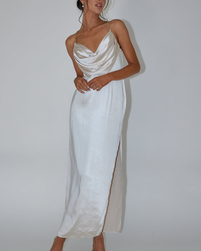Champagne Chain Strap Satin Midi Dress