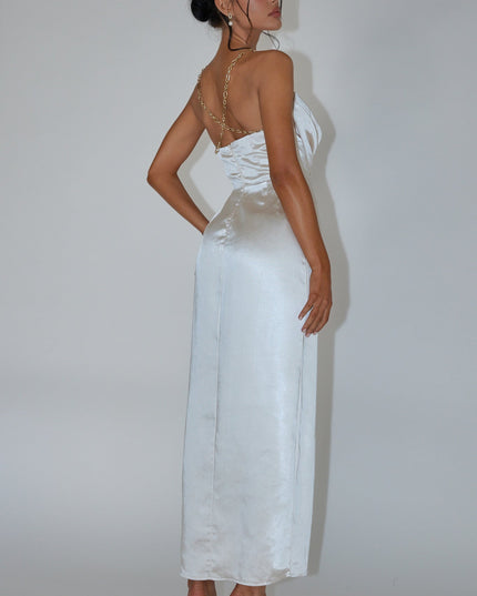 Champagne Chain Strap Satin Midi Dress
