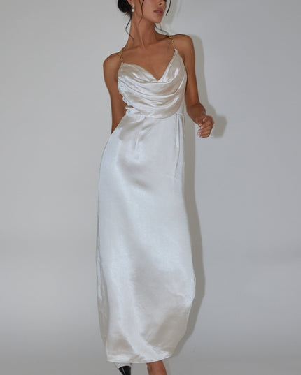 Champagne Chain Strap Satin Midi Dress