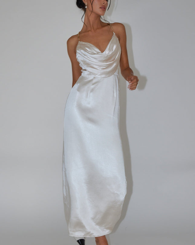 Champagne Chain Strap Satin Midi Dress