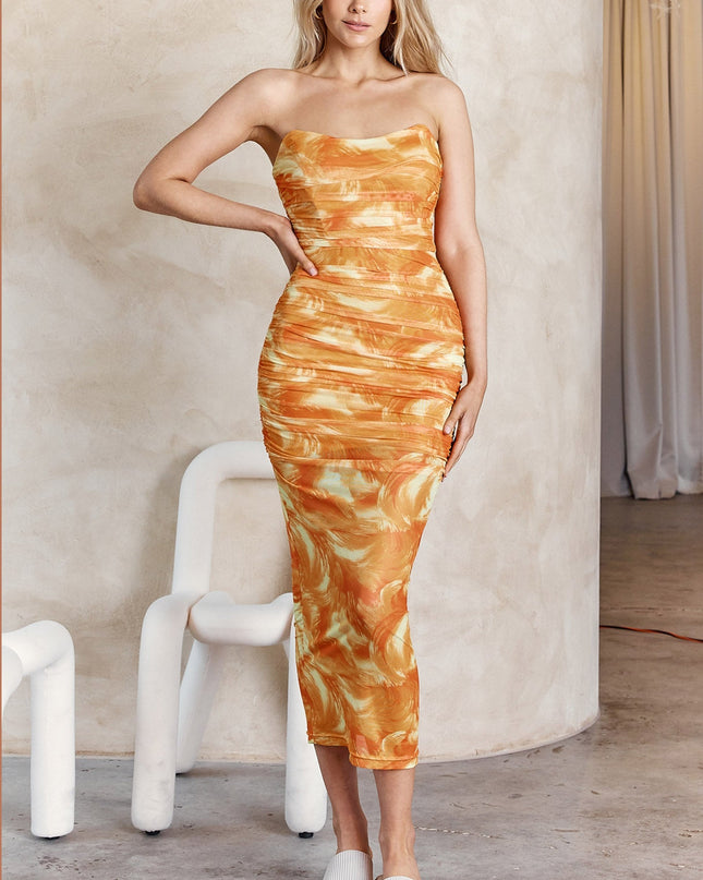 Orange Strapless Ruched Midi Dress