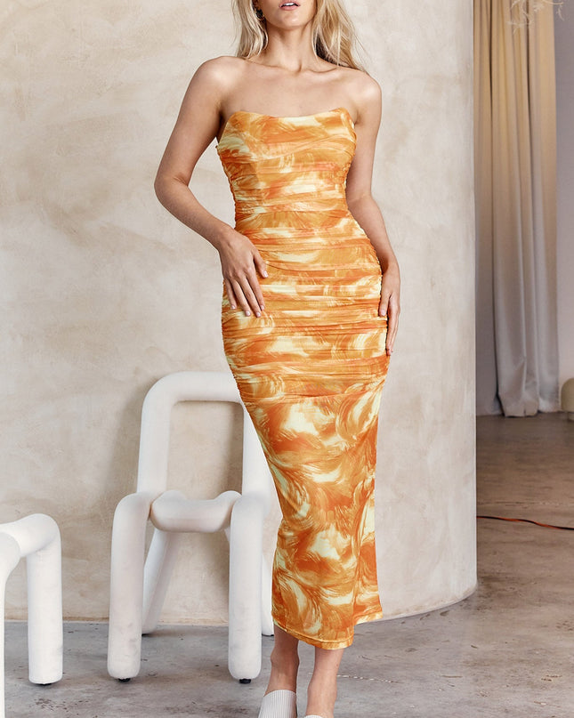 Orange Strapless Ruched Midi Dress