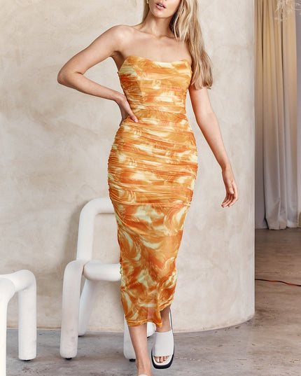 Orange Strapless Ruched Midi Dress