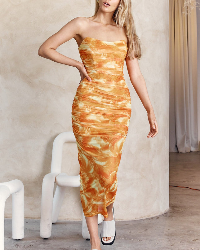 Orange Strapless Ruched Midi Dress