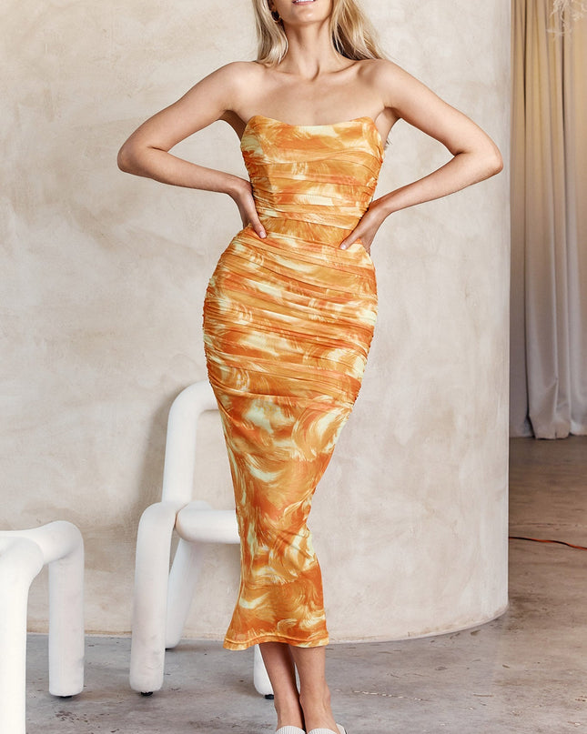 Orange Strapless Ruched Midi Dress