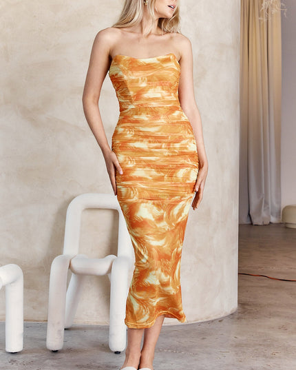 Orange Strapless Ruched Midi Dress