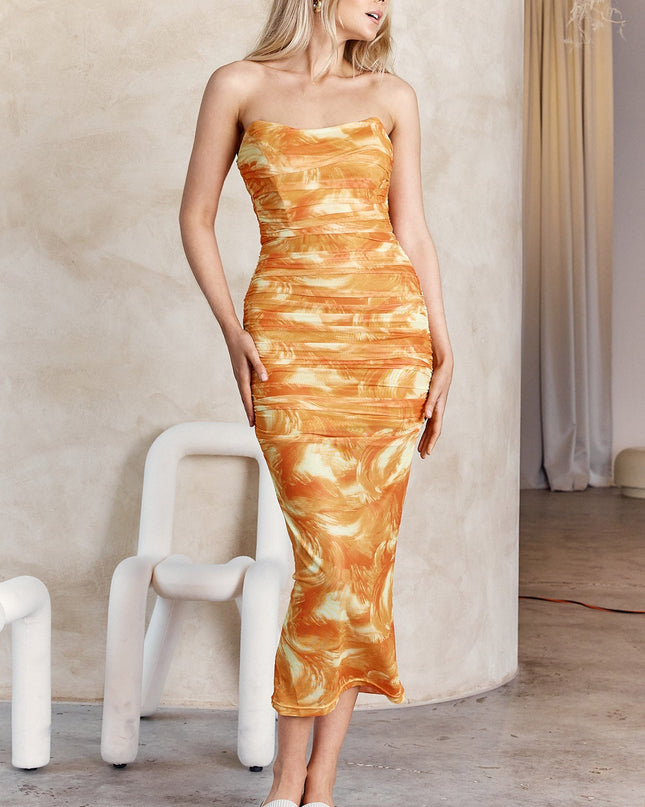 Orange Strapless Ruched Midi Dress