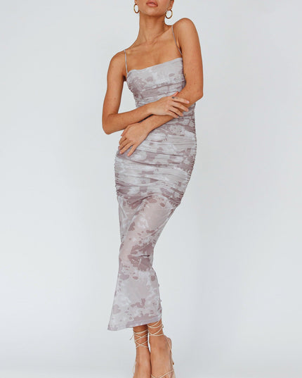 Sand Strapless Ruched Midi Dress Print