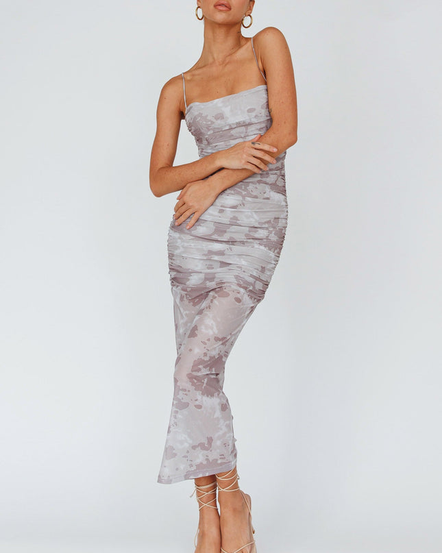 Sand Strapless Ruched Midi Dress Print